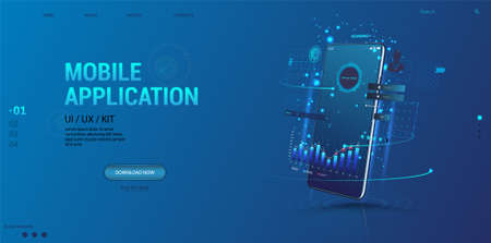 Web Advertising - Smartphone Applications UI, UX, KIT. Mobile app with business graph and analytics, statistic and data on perspective smartphone. Web design banner, business, trading, finance app.のイラスト素材