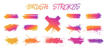 Set colorful gradient brush strokes. social networks mockups. Vector collection isolated silhouettes with drops blots. Trendy ink splashes with gradient colorful effect. Vector setのイラスト素材