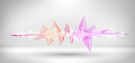 Amplitude sound wave. Abstract soundtrack wave energy background or digital music beat tracking. Music visualization, background wave flow, equalizer. Vector illustrationのイラスト素材