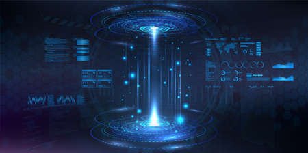 Futuristic circle 3D lab - stage with HUD elements for UI, GUI, App background. Blank podium for show your product. Modern stage in cyberpunk style. Holograms hi-tech demonstration. Vector show roomのイラスト素材