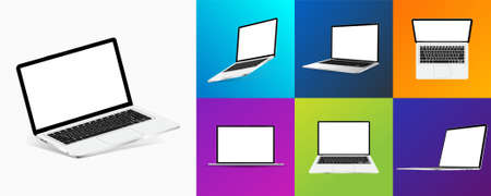 Different angles laptops and colorful backgrounds. Notebooks with blank screens. Mockup 3D realistic devices. Top view, isometric, perspective and frontal. Presentation laptops. Vectorのイラスト素材