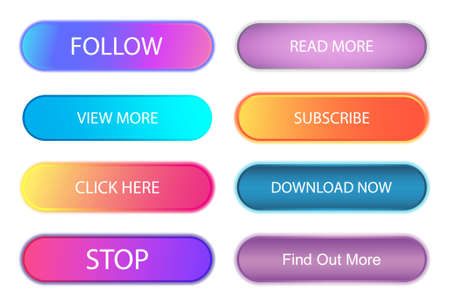 Buttons UI, UX, and WEB design set. Trendy gradients buttons with shadow. Follow, subscribe, download now, read more, click here and other UI buttons. Design App and web page elements. Vector setのイラスト素材