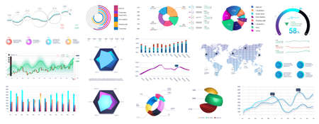 Graphic set charts, infographics and diagrams. Colorful infocharts and infographic with detailed statistics and original design. Visualization data, financial analysis and infochart. Vector setのイラスト素材