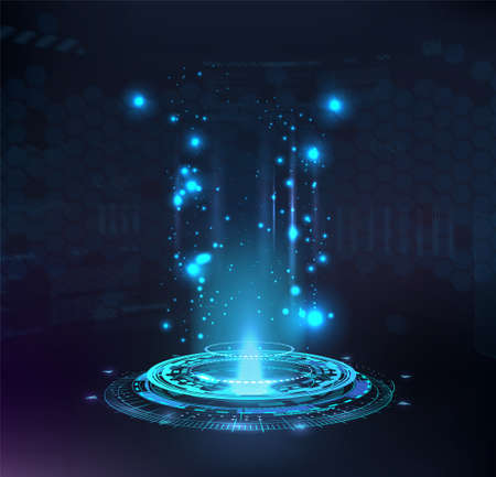 Magic portal, hologram, circle teleport or Sci-fi gadget. High-tech projector in HUD style. Futuristic magic podium. VR universal graphic element. Presentation podium, Circle portal, teleport. Vectorのイラスト素材