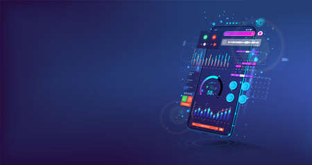 Mobile App with colored design. Creation of a mobile application. Mockup UI and presentation App. 3D realistic gadget with User Interface. UI, UX, KIT and Web concept. Modern Vector illustrationのイラスト素材