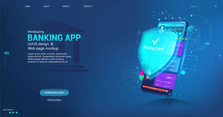 Online banking App and Data protection and money protection. Web payment with credit debit card NFC technology and High level payment security. Smartphone with UI banking App. Vector Web bannerのイラスト素材