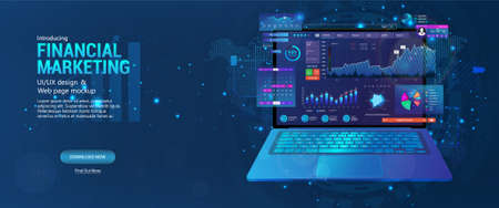 Web page - Financial Marketing with laptop and with a monitoring application open on it, online trading and investment, SEO dashboard, modern technology. 3D banner with analytics data charts. Vectorのイラスト素材