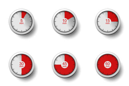 Realistic clocks with time intervals (5, 10, 15, 30, 45 and 60 minutes). Timer, clock, stopwatch - concept. Collection isolated on white background. Label cooking time or the required time. Vector setのイラスト素材