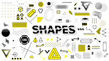 Geometric sign, shapes, elements in memphis style. Universal graphics design elements, trendy retrofuturism shapes in minimal style. Geometric shapes and trending abstract elements. Vector setのイラスト素材