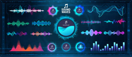 Modern Sound Waves - Equalizer. Futuristic waveforms, circle UI and UX bars, voice graph signal and music wave in futuristic HUD style. Microphone voice and sound recognition. Vector audio waves setのイラスト素材