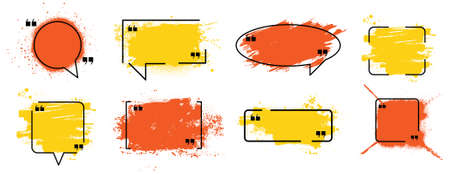Orange and yellow paint compositions with frame, text box. Quote box speech template, dirty design, logo texture template. Isolated set splashes on white background. Street art layout. Vector setのイラスト素材