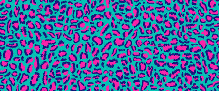 Neon seamless pattern, leopard print with acid colors in retro-futuristic 80s - 90s style. Neon leopard background in cyberpunk style. Vector seamless pattern. Exotic animals abstract background.のイラスト素材