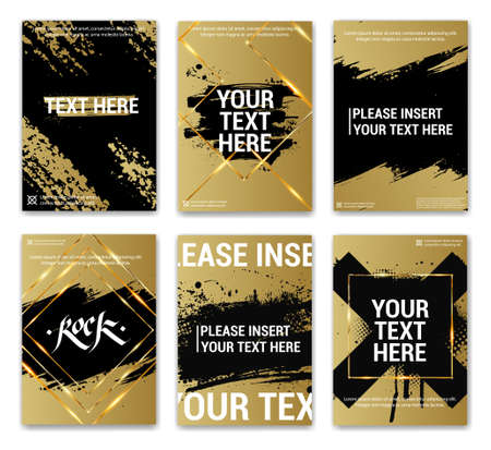 Golden posters with grunge, text and gold frames. Luxury collection with golden paintbrush for covers, posters, flyers, brochure, catalogue and other advertising. Template covers set. Vectorのイラスト素材