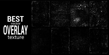 Overlays stamp texture with effect grunge, damage, old, concrete, spray effect and drop ink splashes. Best dirty grainy stamp. Different paint textures with background. Vector collection overlayのイラスト素材