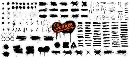Diverse set of black paint - ink brush strokes, brushes, lines, spray, ink splash , mud and other Dirty artistic design elements. Spray graffiti stencil template ink brush strokes, lines. Vector setのイラスト素材
