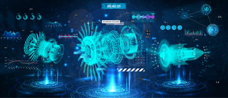 Holograms with 3D turbines and HUD interface. Modern Jet engine of airplane - projection xray. Modern technology industrial aerospace blueprint. Futuristic engineering, parts and 3D mechanisms. Vectorのイラスト素材