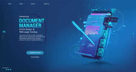 Document manager - Mobile Phone App for business. Signing a contract or agreement online. Digital signature concept using a pen on a phone or tablet display. E-signature and high level of protectionのイラスト素材