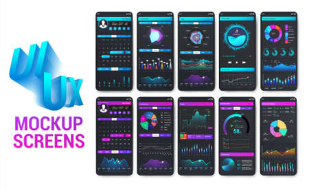 Bright and colorful smartphone apps with well-designed UI. Mobile phone app mockups for sport, fitness and banking and payment. Modern infographic, charts, graphic. UI, UX, GUI. Vector App cellphoneのイラスト素材