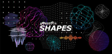 Modern trendy shapes with glitch effect. 3D Universal elements in concept cyberpunk, retro futurism, vaporwave. Abstract digital forms patterns, logo, shapes in Memphis style. Vector illustrationのイラスト素材