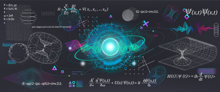 Science elements set concept Quantum Mechanics, formula, curvature of spacetime in a gravitational field, black hole, elements from theoretical physics. Futuristic Quantum Mechanics. Vector collectionのイラスト素材