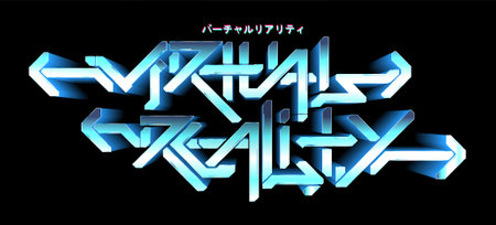 Digital graffiti text - virtual reality. Future lettering 3D in cyberpunk style. Graphic digital text. Hi-tech graffiti isolated in black background. Translated from Japanese - virtual reality. Vectorのイラスト素材