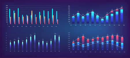 Futuristic graphs for App UI, UX, KIT. Modern infographic, charts and diagrams. Financial statistics and analytics progress scale panel. Futuristic User Interface graphics for UI. Vector setのイラスト素材