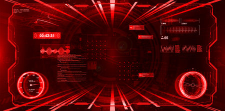 RED VR cockpit with HUD interface and virtual cyberspace. Virtual reality interface for game, vr helmet, cockpit and other. Sky-fi head up display - HUD for GUI, UI. Vector illustrationのイラスト素材