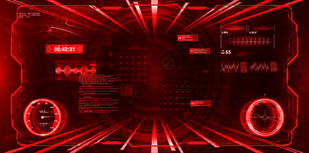 RED VR cockpit with HUD interface and virtual cyberspace. Virtual reality interface for game, vr helmet, cockpit and other. Sky-fi head up display - HUD for GUI, UI. Vector illustrationの素材 [FY310168428888]