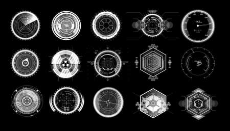 Futuristic circle elements in HUD style. Set digital circular elements - Military crosshair, futuristic speedometer car, target, gadgets, sniper score, viewfinder and other. Design HUD, UI, UX.のイラスト素材
