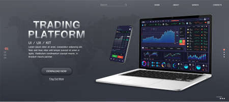 Trade Platform Web Banner Mockup. Market monitoring and trading stocks and cryptocurrencies online. Forex market, news and analysis. Trade App and Binary Option screens on different gadgets. Vectorのイラスト素材