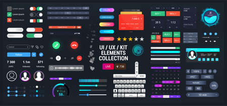 Template elements UI, UX, KIT for Web, App and dashboard. Universal User interface for web design or mobile phone application. Vector set - switches, bars, buttons, social media. UI and UX collectionのイラスト素材