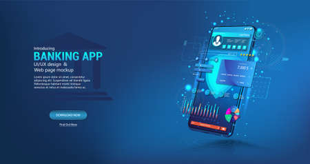 Internet Banking - Mobile Phone App with UI interface. Payments with data protection and High level security. Online banking and wallet with credit cards. Cash transaction and money storage. Vectorのイラスト素材