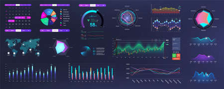 Modern Neon UI, UX and KIT elements interface with charts, graphics and infographics. Network management data screen with charts and diagrams HUD. Modern UI with Neon colors. Vector graphics setのイラスト素材