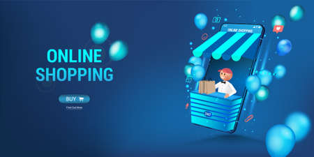 Online store via smartphone. The seller looks out of the phone - concept online shopping. 3D web banner shopping online on website or Mobile App. Online fast shopping advertising. Vector illustrationのイラスト素材