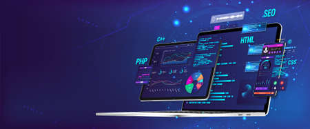 Banner Software UI and development for different devices. Business App dashboard with graph, charts, analytics data, testing platform, coding process. Software development and programming concept.のイラスト素材