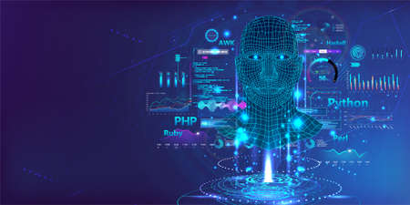 Neural network with high-level artificial intelligence on programming language. Web page banner AI concept. Deep machine learning. Artificial intelligence with HUD, UI interface. Vector illustrationのイラスト素材