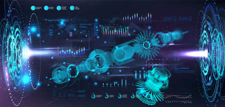 Turbine Jet Engine blueprint in hologram projectors with HUD interface. 3D gears xray. Industry 4.0 and hi-tech technology futuristic engineering concept. Sci-fi Jet engine. HUD vector illustrationのイラスト素材
