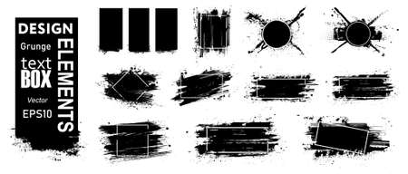 Paint grunge compositions with frame, texting boxes. Black grunge with frame for logo. Dirty design elements, quote box speech template. Black splashes isolated. Street art template set. Vectorのイラスト素材