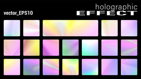 Holographic glitter texture collection, Trendy discs backgrounds with ultraviolet Metallic effect. Holographic texture set for posters, stickers, flyers, invitations. Pastel neon rainbow. Vector setのイラスト素材