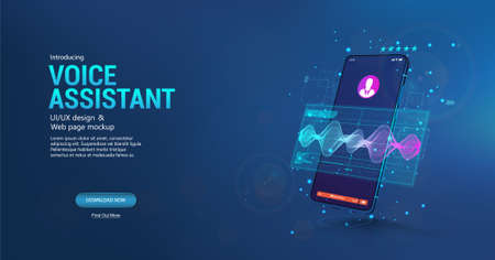 Voice assistant in smartphone application. 3D mockup smartphone with sound wave and UI. Microphone voice control technology, voice and sound recognition. Equalizer, wave flow, Ai assistant. Vectorのイラスト素材