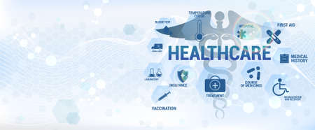 Blue healthcare concept banner with icons and medical aspects. Design banner in science style. Medical vector illustration for for diagnostics and treatment in healthcare. Modern digital infographicのイラスト素材