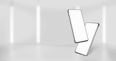 Presentation banner with smartphones mockups. Web page template with mobile phones in isometric position. 3D realistic gadgets with blank screen in perspective for presentation UI, UX, KIT. Vectorのイラスト素材