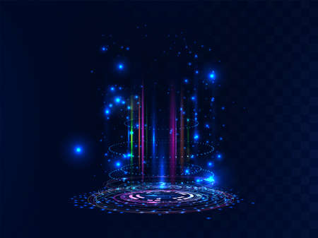 Futuristic and magic portal. Futuristic scene with neon and light effects. Digital circle portal or futuristic hologram. Scifi digital podium or magic teleport for UI, GUI, VR. Vector illustrationのイラスト素材
