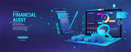 Financial audit web page banner. Modern financial management. Business account tax report, laptop with graphic and charts, documents. Financial audit, business account tax report. Vector Bannerのイラスト素材