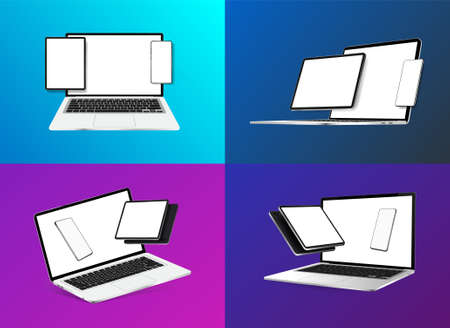 Mockups Gadgets, Devices and its Compositions. 3D realistic Smartphone, tablet, laptop, notebook with blank screen. Devices in perspective and isometric view. Will help you to present your product.のイラスト素材