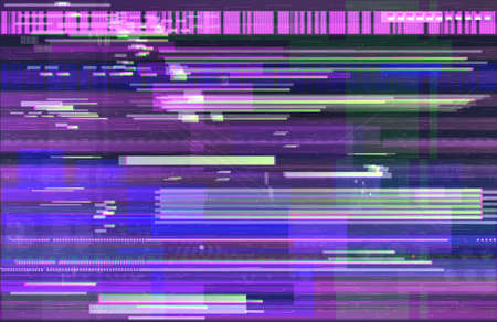 Neon glitch banner in cyberpunk style. Vector illustration with deep effect of interference, background, noise, glitch, vhs, no signal TV screen. Vaporwave and synthwave neon effect. Cyberpunk colorsのイラスト素材
