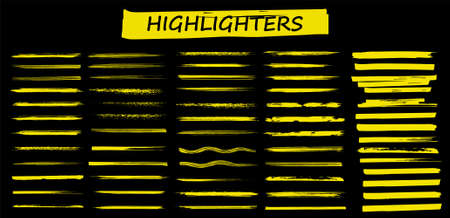 Detailed Highlighters. Paintbrush lines. Marker color stroke. Yellow watercolor lines hand drawn and traced. Brushstroke highlight set. Brush pen hand drawn underline. Marker lines. Vector collectionのイラスト素材
