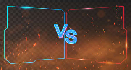 Red and blue Versus Battle banner with neon frames, smoke and sparks. VS background for competition, match game, sport, fights. VS neon letters on red and blue background. Vector Illustration Versusのイラスト素材