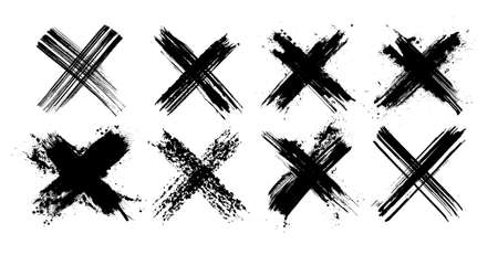 X black mark collection. Eight very detailed and different crosses. Cross sign from brush strokes. Grunge set X. Hand drawn crossed brush strokes. Vector setのイラスト素材