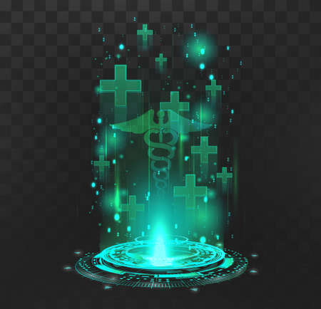 Hologram with medical symbols for the restoration of lives in the game and the presentation of products in healthcare. GUI element for regeneration hp, medical point, first aid kit. Vector elementのイラスト素材